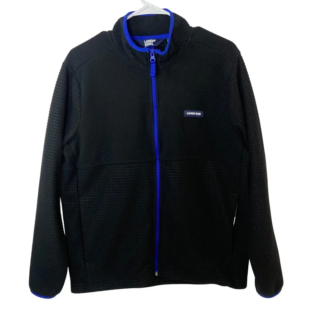 Lands End Black Fleece Jacket Mens Size Medium Zip Up Blue‎ Trim Textured
